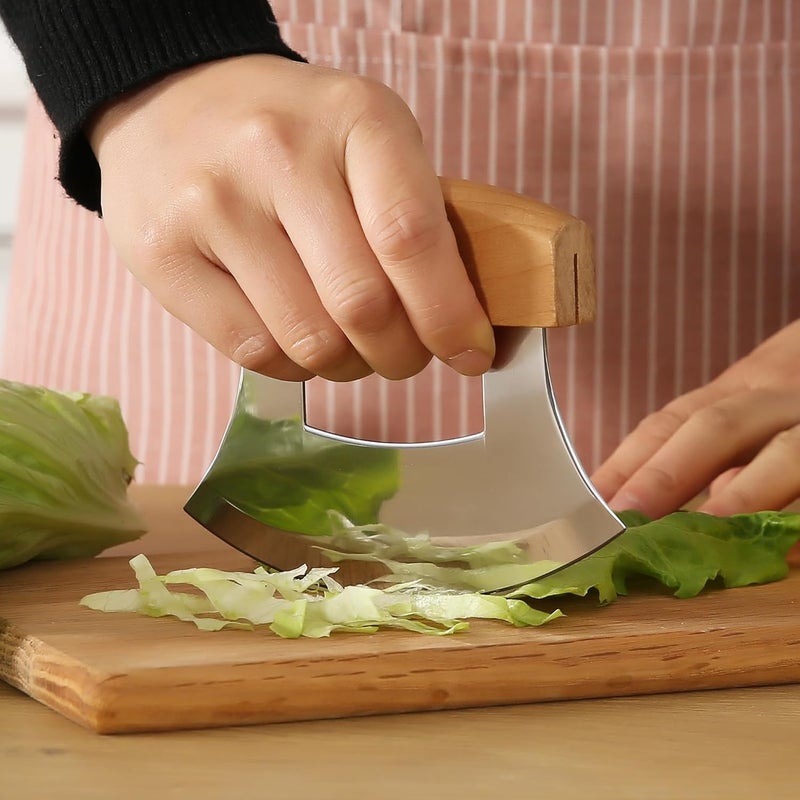 WiuCYS Alaskan Ulu Knives Pizza Cutter Chopper Slicer for Salad Vegetables Meat Chopping Mincing with Wooden Stand Arthritic Tool 5x4in (2) - Image 5